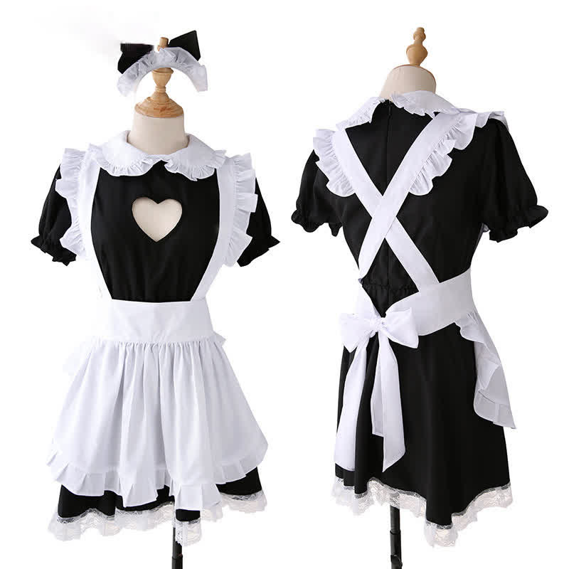 Sweet Love Heart Hollow Out Ruffled Maid Dress Modakawa