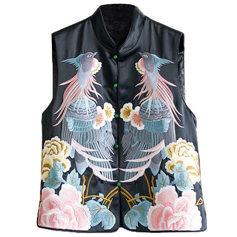 Floral Embroidery Buckle Sleeveless Satin Vest Modakawa