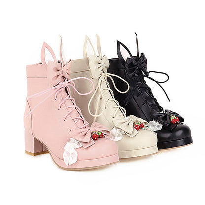 Sweet Strawberry Bow Lolita Lace Up Boots Modakawa