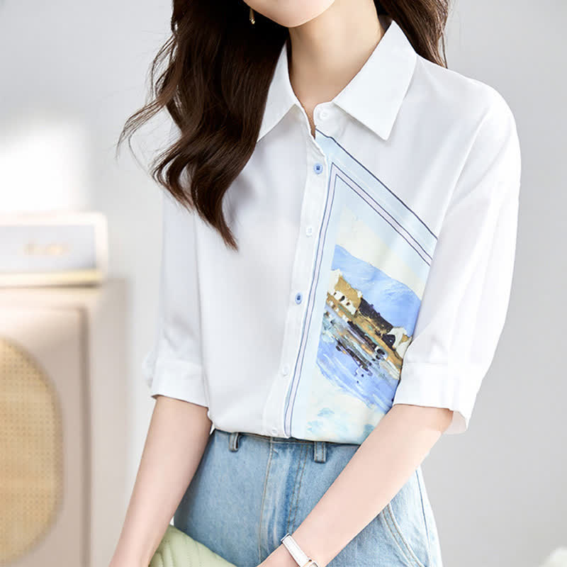 White Irregular Painting Print Chiffon Lapel Shirt modakawa