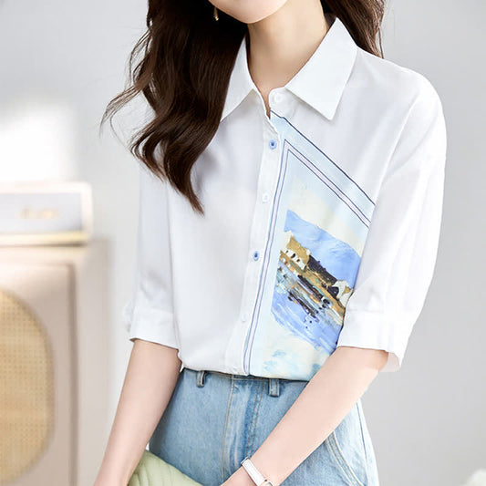 White Irregular Painting Print Chiffon Lapel Shirt modakawa