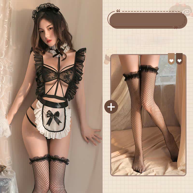 Ruffled Hollow Out Lace Up Apron Maid Lingerie Stockings Set Modakawa