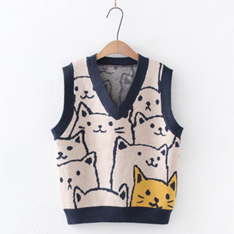 Cute Kitty Print Vest Lace Up Shirt Set Modakawa