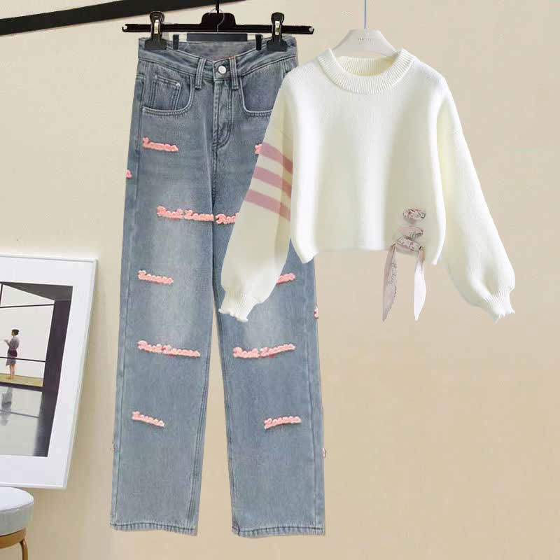 Sweet Stripe Sleeve Sweater Letter Casual Denim Pants modakawa