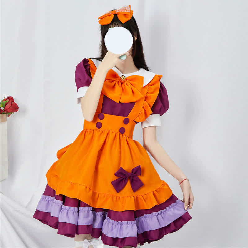 Cute Orange Bow Decor Puff Sleeve Maid Dress Modakawa