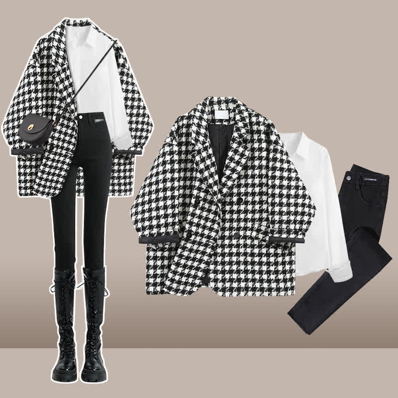 Chic Lattice Print Lapel Blazer T-Shirt Slim Denim Pants modakawa