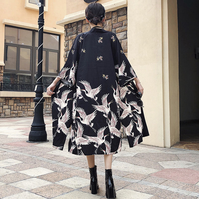 Vintage Black Crane Long Cardigan Kimono Outerwear modakawa