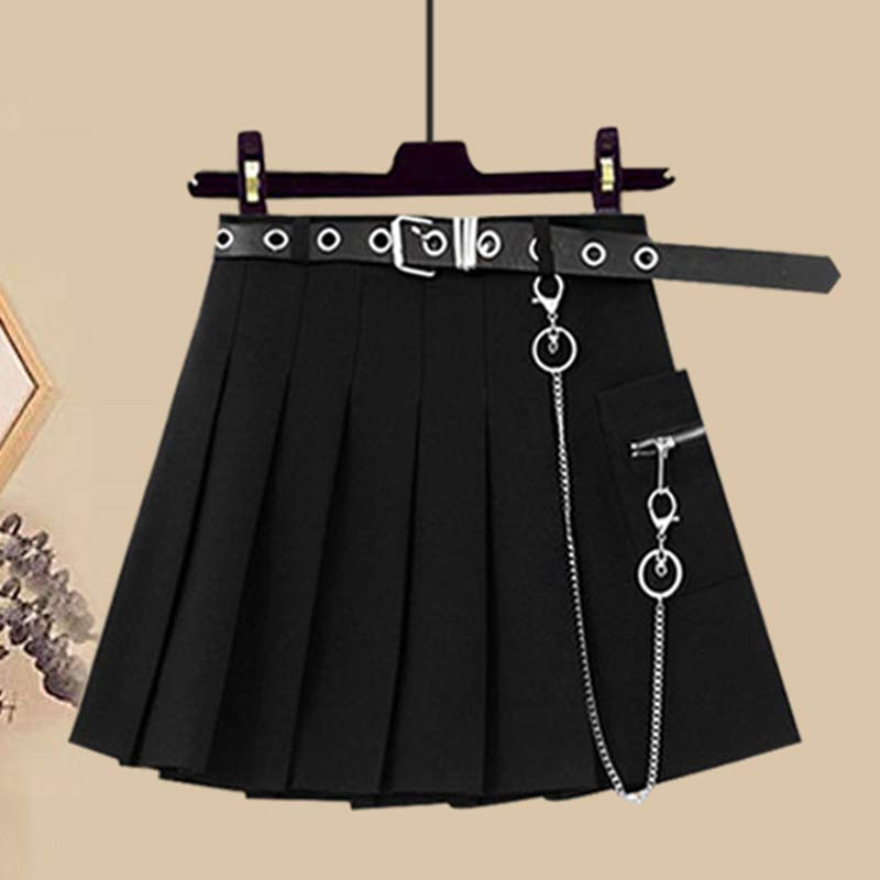 Casual T-Shirt Belted Chain Pleated Skirt Set Modakawa