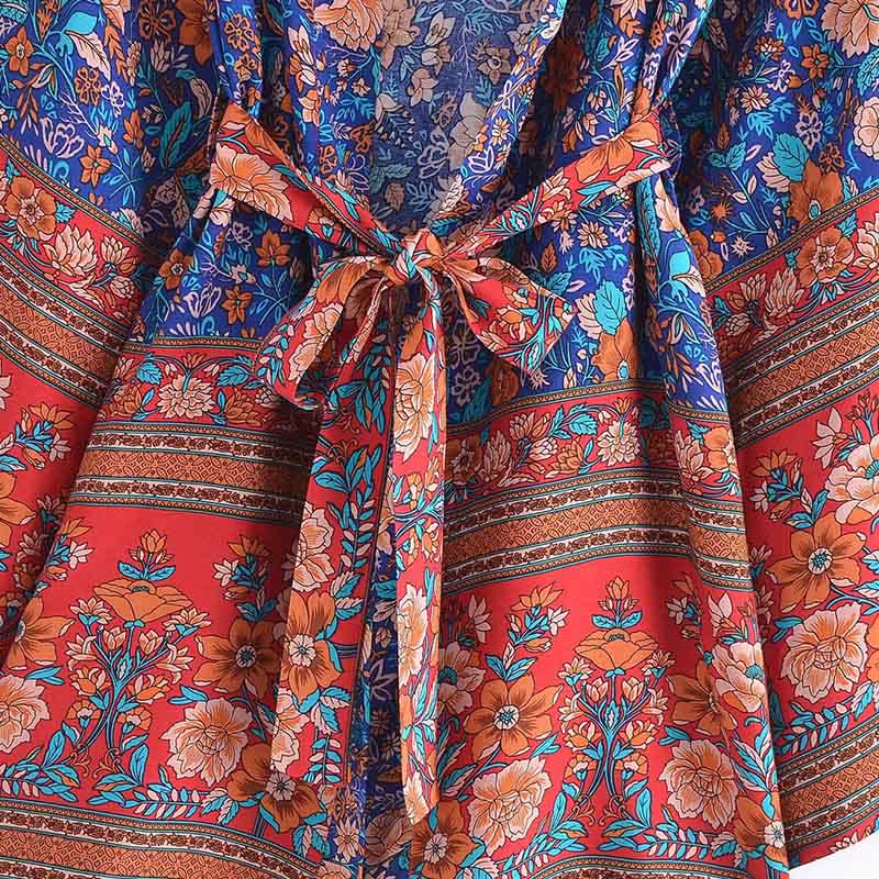 Boho Flower Print Belt Cardigan Outerwear modakawa