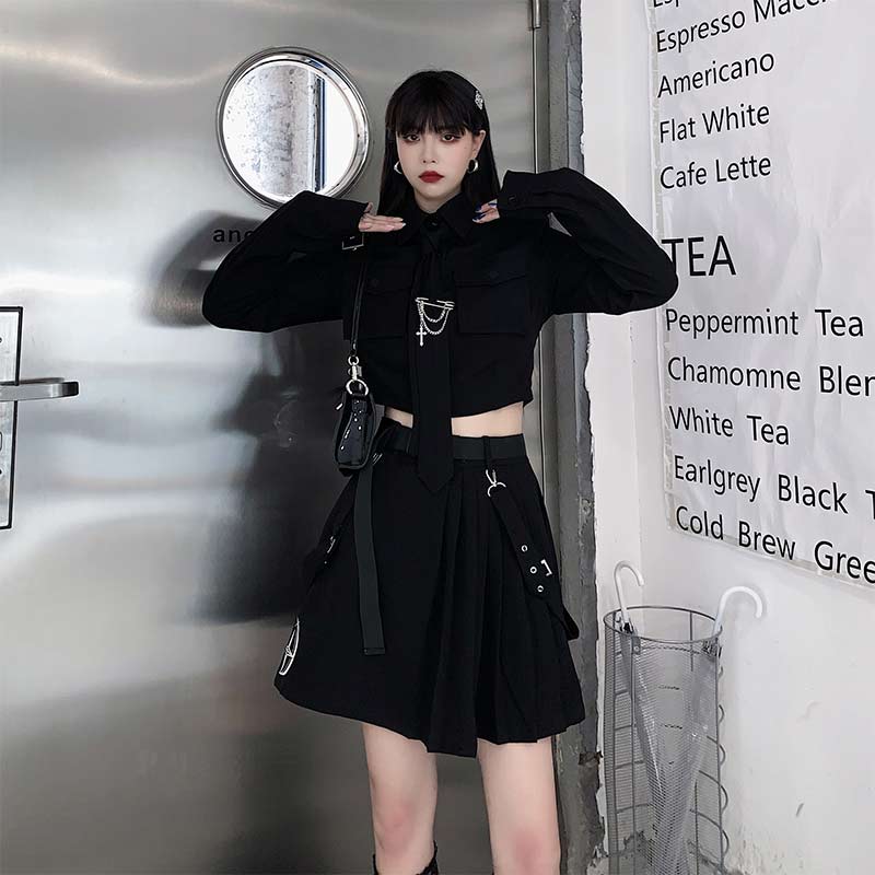 Cool Black Pocket Shirt Pleated Skirt Tie Set Modakawa