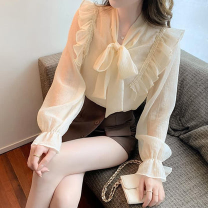 Elegant Bowknot Flouncing Chiffon Shirt modakawa