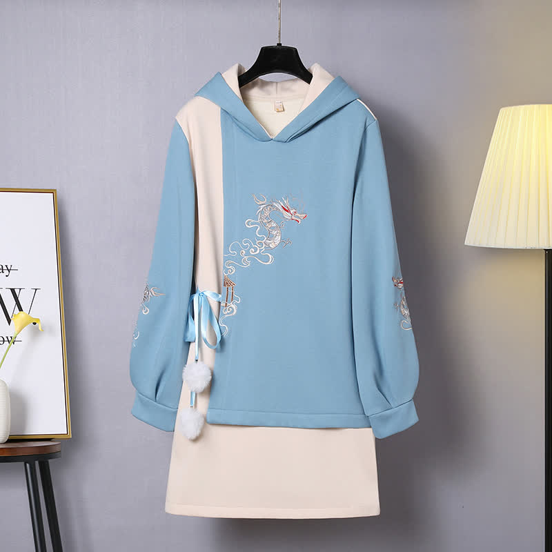 Drogon Embroidery Lace Up Plush Hooded Sweatshirt Dress modakawa