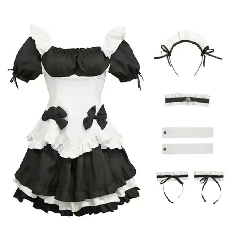 Black Sweet Off Shoulder Bow Knot Lace Up Maid Dress Lingerie Modakawa