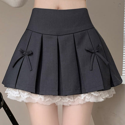 Bow Lace Slim High Waist Pleated Skirt modakawa