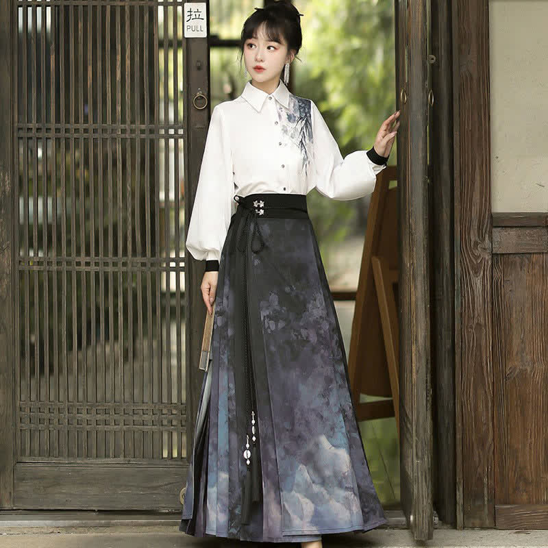 Elegant Bamboo Ink Painting Shirt Lace Up Pleated Skirt modakawa