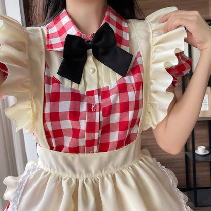 Sweet Bow Knot Ruffled Plaid Maid Dress Modakawa