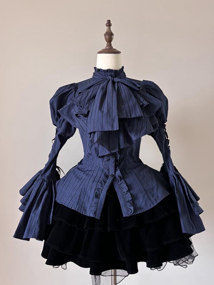 Blue Collar Layered Bell Sleeves Lolita Striped Shirt mySite