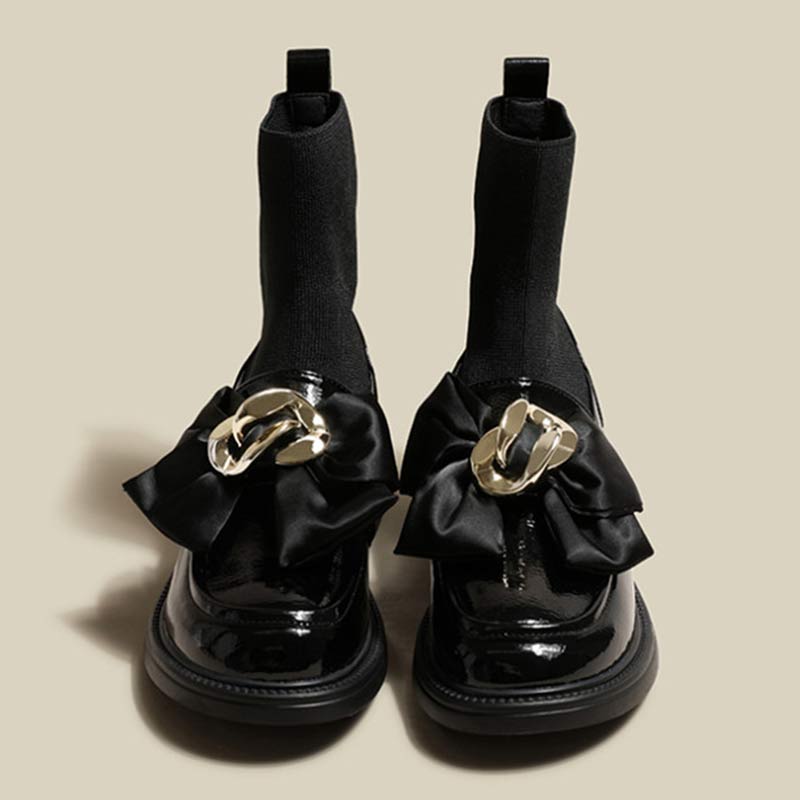 Black Bow Slip-On Leather Sock Boots Modakawa