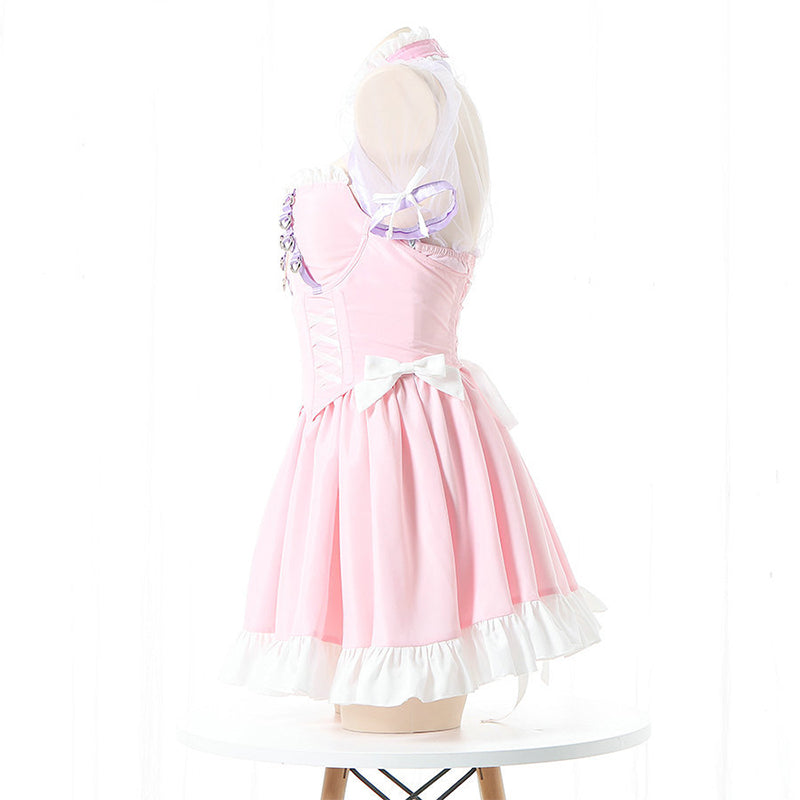 Pink Lace Up Lolita Maid Dress Set Modakawa