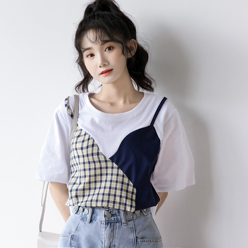 Sweet Plaid Color Block Fake Two Piece T-Shirt modakawa