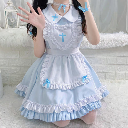 Kawaii Cross Print Ruffled Maid Lolita Dress Set Modakawa