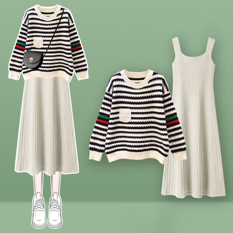 Stripe Colorblock Knit Sweater Slip Dress Set modakawa