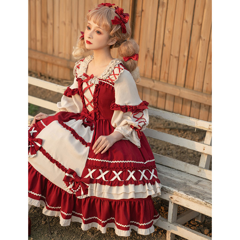 Red Bow Knot Decor Lace Up Lolita Dress modakawa