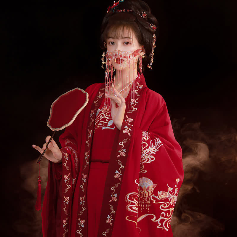 Red Phoenix Embroidery Tank Top Big Sleeve Cardigan Shirt Skirt Hanfu Set Modakawa