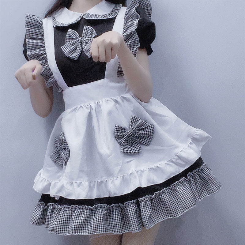 Kawaii Plaid Bow Tie Lolita Maid Ruffle Costume Dress Modakawa