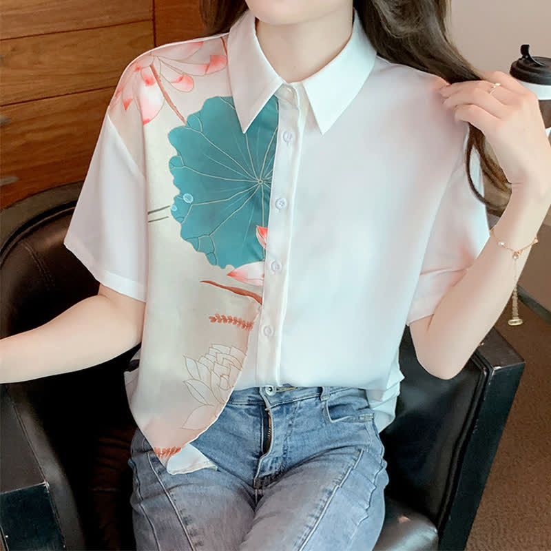 Irregular Lotus Print Short Sleeve Chiffon Lapel Shirt modakawa