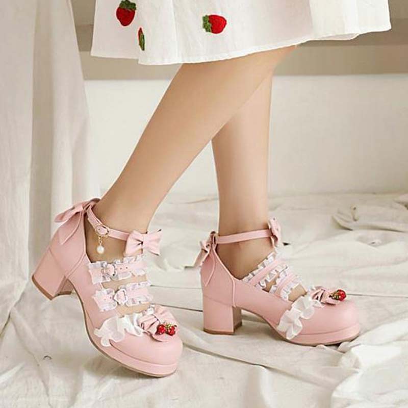 Kawaii Lace Bow Lolita Kitten Heel Mary Janes Shoes Modakawa