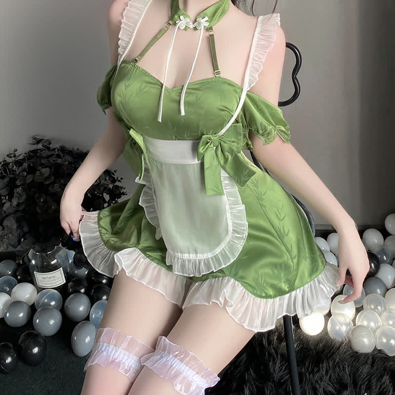 Green Maid Vintage Buckle Bow knot Lingerie Set modakawa