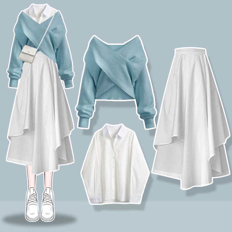 Sweet Cross Knit Sweater Lapel Shirt Irregular Skirt Set modakawa