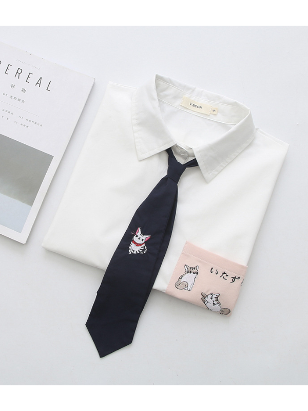 College Style T-Shirt Sweet Pocket Cat Embroidered Tie Modakawa