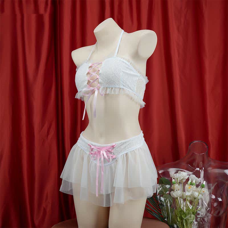 Sweet Halter Lace up Chiffon Maid Lingerie Set modakawa