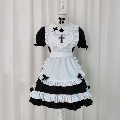 Kawaii Cross Print Ruffled Maid Lolita Dress Set Modakawa