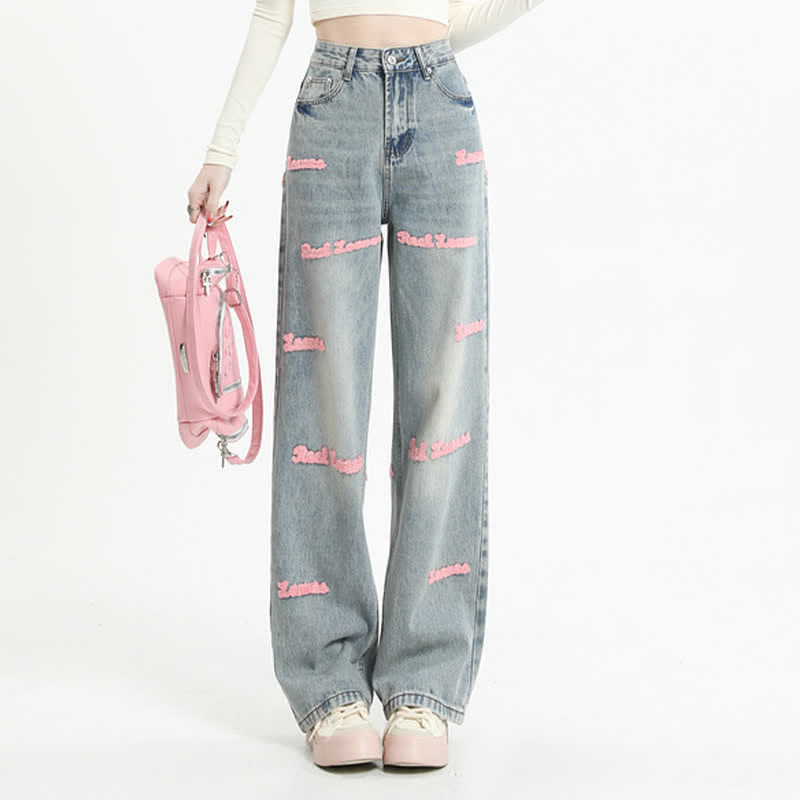 Pink Halter Top Laple Loose Shirt Letter Embroidery Denim Pants modakawa