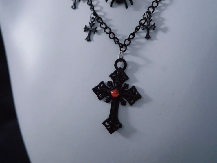 Spider Cross Pendant Black Triple Layered Necklace mySite