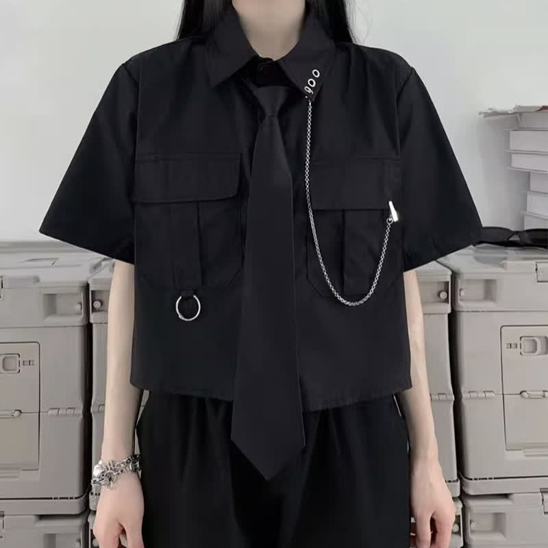 Black Chain Pocketed Tie Polo T-Shirt Cargo Skirt modakawa