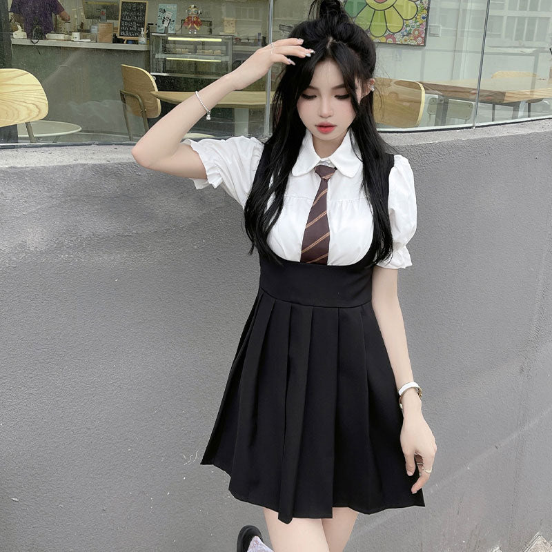 Kawaii Puff Sleeve T-Shirt Tie Pleated Suspender Skirt Set Modakawa