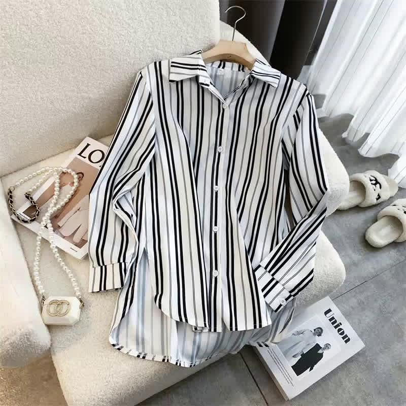 Stripe Print Long Sleeve Chiffon Shirt Workwear modakawa