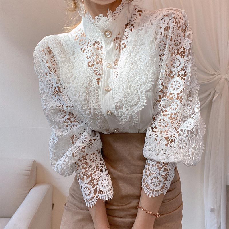 Elegant Pearl Hollow Out Lace Shirt Modakawa