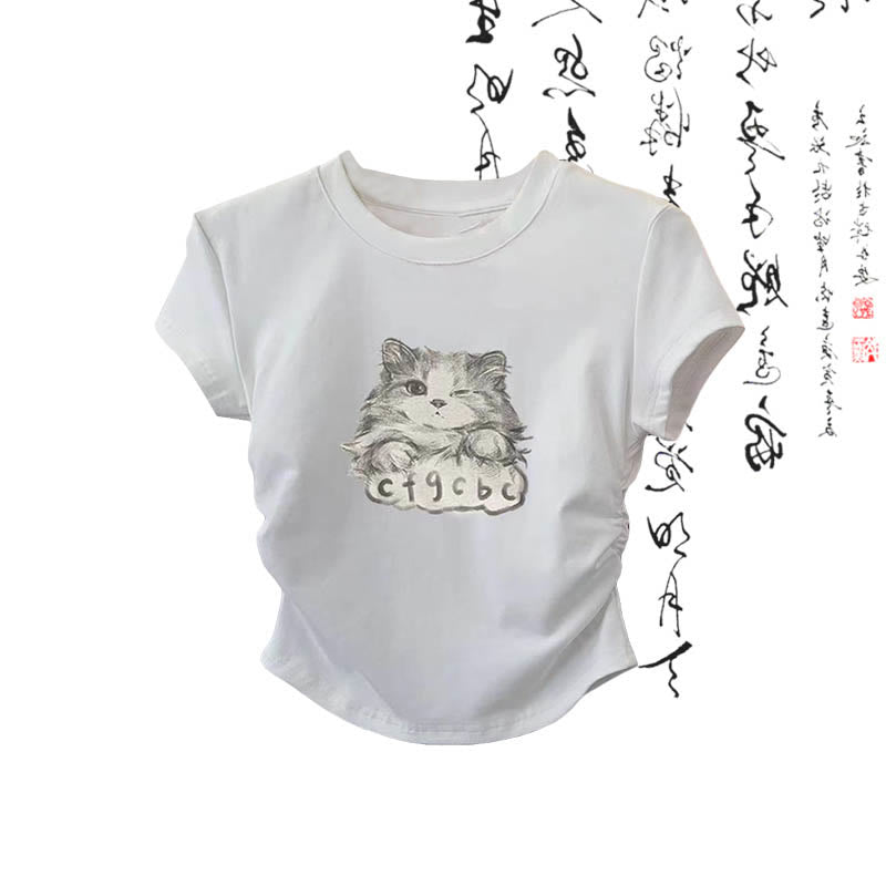 Cartoon Cat Print T-Shirt Wash Painting Print Loose Pants modakawa