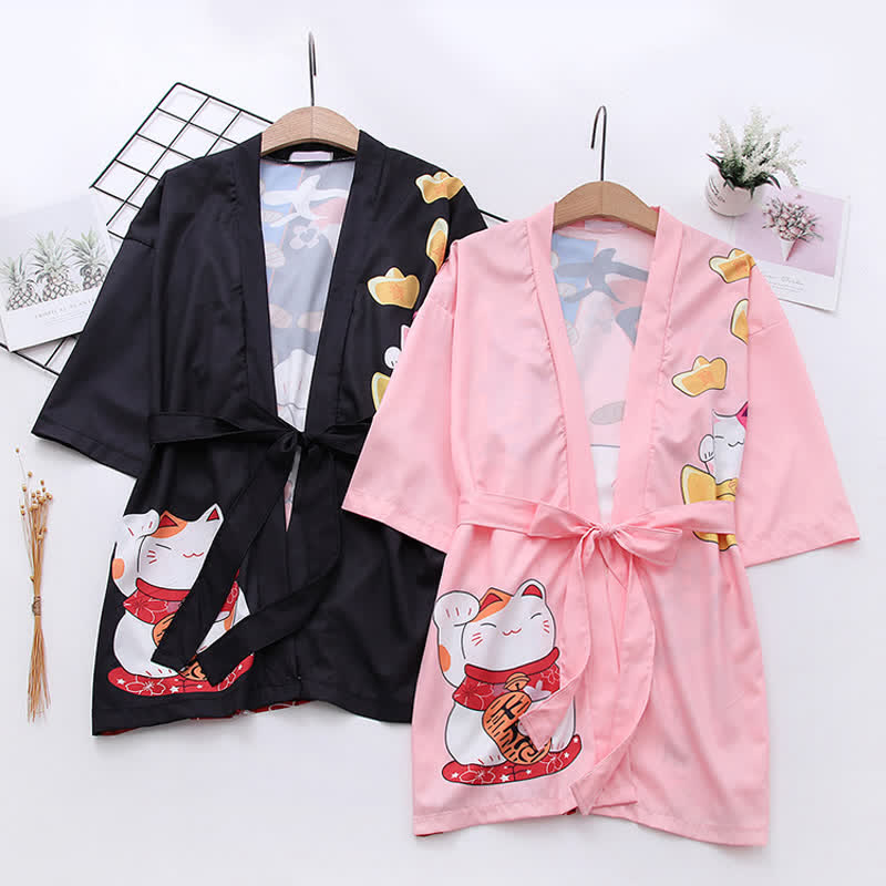 Lucky Cat Letter Print Cardigan Kimono Outerwear modakawa