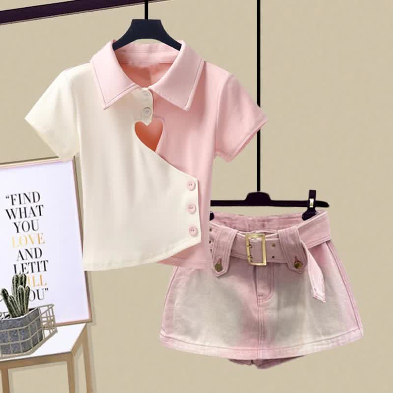 Love Heart Hollow Out Crop Top T-Shirt Pink Mini Denim Skirt modakawa