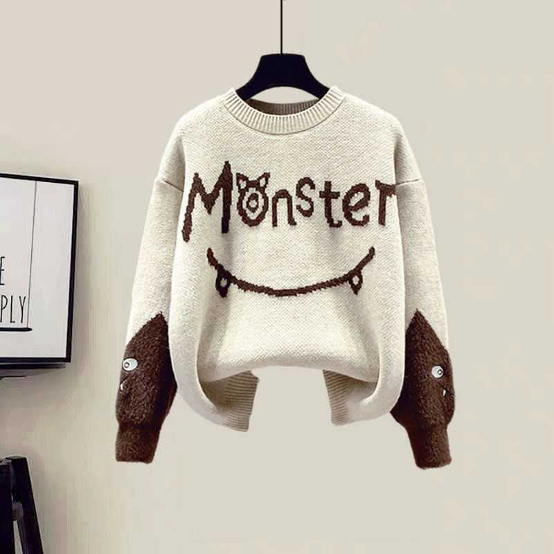 Monster Letter Sweater Fleece Vest Casual Pants Set modakawa