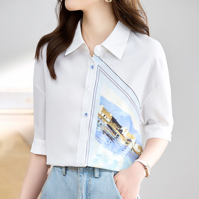 White Irregular Painting Print Chiffon Lapel Shirt modakawa