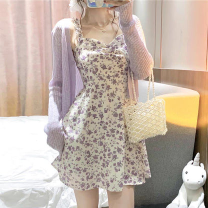 Sweet Cardigan Floral Print Slip Dress Set modakawa