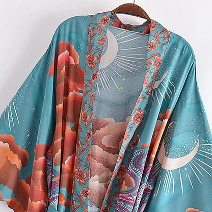 Boho Beach Moon Print Belt Robe Long Cardigan Kimono Outerwear modakawa