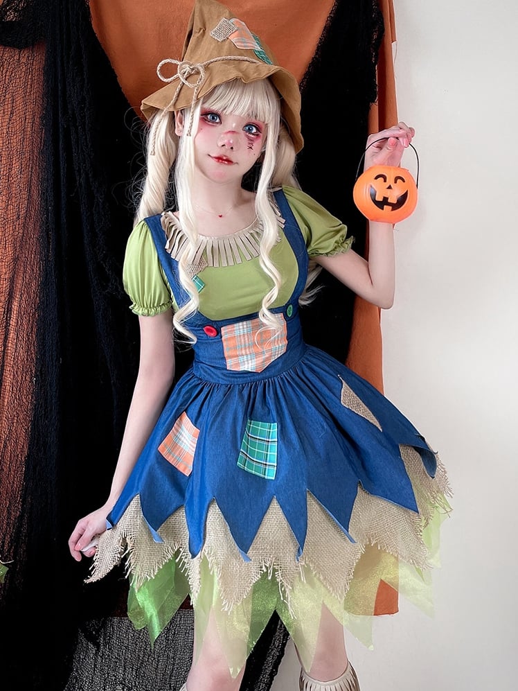 Halloween Green Blouse and Blue Dress Scarecrow Costume mySite